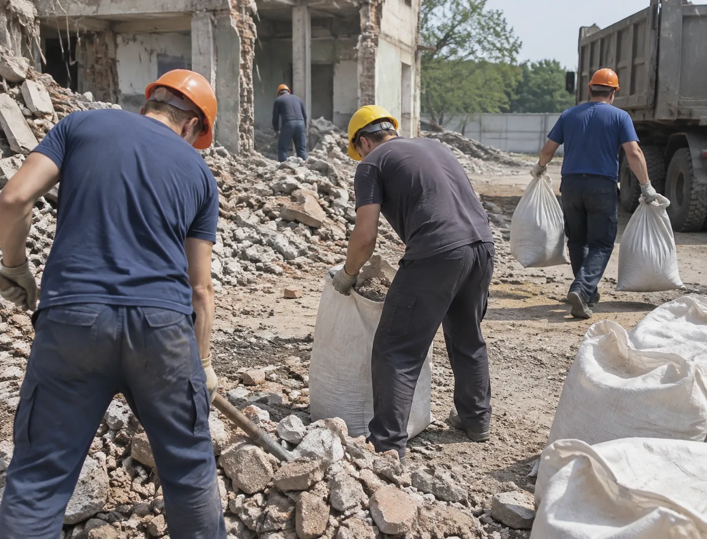 Погрузка строительного мусора в мешки